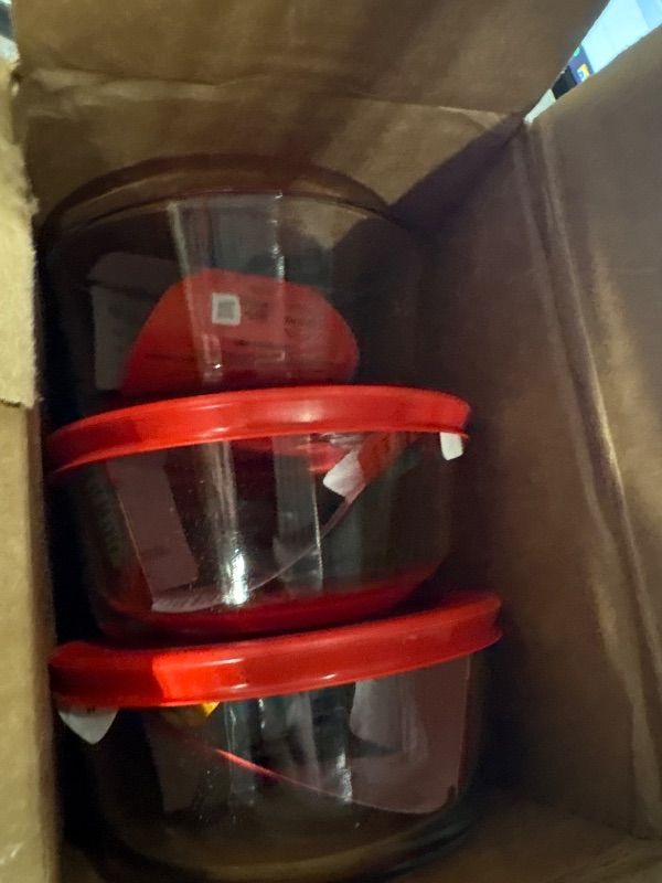 Photo 1 of **MISSING LID TO ONE**
Pyrex (6) 7200 2 Cup Glass Bowls & (6) 7200-PC Red Food Storage Replacement Lids - Made in USA