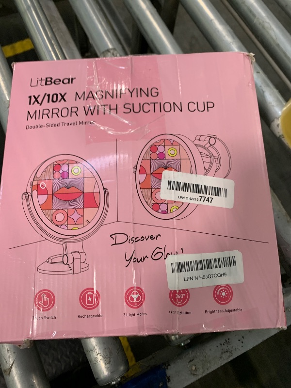 Photo 1 of ***MAJOR DAMAGE*** LitBear 10X/1X Magnifying Mirror Suction Cup with Light, 2025 Upgraded Wall Mounted Travel Makeup Mirror with Tweezers, 3 Color Dimmable Rechargeable Lighted Magnifying Mirror with 360 Rotation