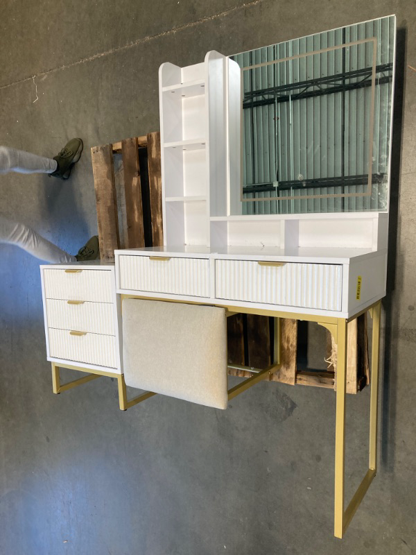 Photo 1 of ****missinng the mirror conector******* GarveeHome Makeup Vanity Desk with Mirror and Lights, Vanity Table with 5 Drawers, Vanity Set with Stool and Removable Side Storage Cabinet for Bedroom, White & Gold