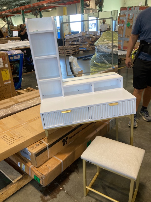 Photo 1 of ****missinng the mirror conector******* GarveeHome Makeup Vanity Desk with Mirror and Lights, Vanity Table with 5 Drawers, Vanity Set with Stool and Removable Side Storage Cabinet for Bedroom, White & Gold