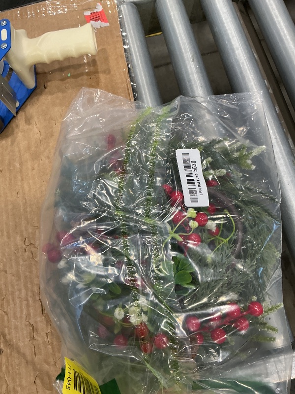 Photo 1 of [Snowy] 4 Pcs Christmas Candle Rings Wreaths, Mini Wreaths - 9"x3.5" Real Touch Cedar Wreath with Cypress Snowy Pinecones & Red Berry Christmas Candle Ring Holder for Home Table Centerpiece Decor