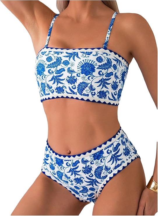 Photo 1 of ***SEE CLERK COMMENTS*** GORGLITTER Women's Floral Print Strapless Bandeau Swimsuit High Waisted Thong Bikini Sets Two Piece Bathing Suits