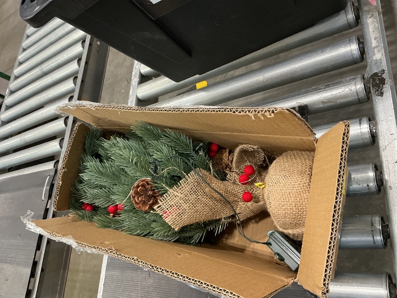 Photo 1 of [ 8 Modes & Timer] 24 Inch Realistic Tabletop Christmas Tree Small Christmas Tree with 50 Warm Lights Battery Operated Red Berries Pine Cone Burlap Base Indoor Home Table Christmas Decorations