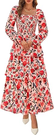 Photo 1 of ***SIMILAR ITEM*** BTFBM Spring Dresses for Women 2026 Floral Long Sleeve Smocked Square Neck Ruffle Tiered Flowy Party Wedding Guest Dress