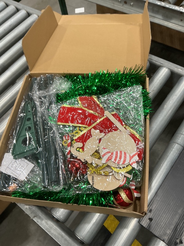 Photo 1 of [ Timer ] 6 Ft Pop Up Christmas Tinsel Tree, Green Collapsible Christmas Tree with 50 Colorful Light 16 Candy 10 Ball 4 Snowflake Merry Christmas Bow DIY Ornaments Battery Operated Xmas Decor Indoor