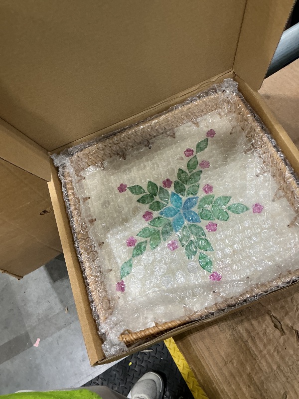 Photo 1 of 1 pcs Rectangle Rattan Serving Tray with Mother of Pearl Inlay, Decorative Wicker Tray for Coffee, Bread, Fruits, Elegant Table Decor for Living Room & Dining Room