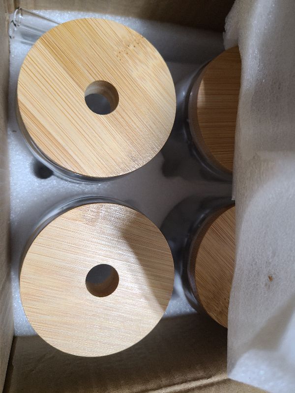 Photo 1 of 20 Oz Drinking Glasses with Bamboo Lids and Glass Straw - 6 Pcs Glass Cups Beer Ice Coffee Glasses Cute Aesthetic Cup Great for Coffee Bar Accessories Include 2 Cleaning Brushes