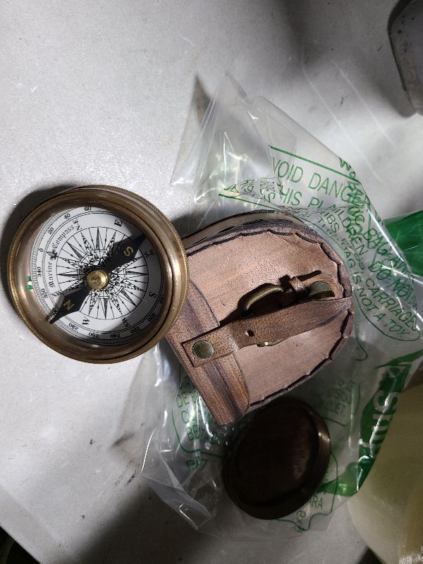 Photo 1 of 2.5" Robert Frost Poem Compass with Handmade Leather Carry Case Free Rustic Vintage Home Decor Gifts