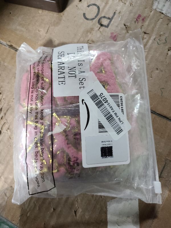 Photo 1 of 104 Pcs Letter Patch Iron on Chenille A-Z Repair Alphabet Applique Patches Embroidered Letter Sew on with Gold Border for Bags Shirts(2.36'',Pink)