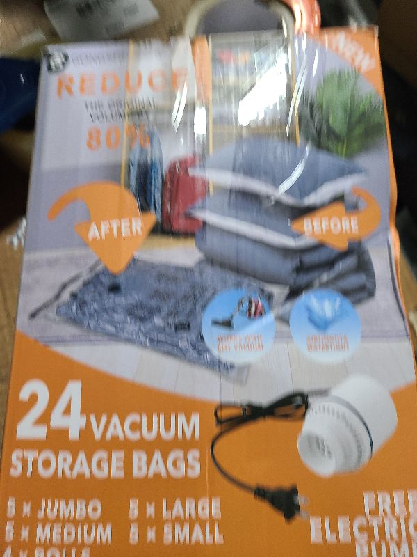 Photo 1 of 24 Pack Vacuum Storage Bags with Electric Pump, (5 Jumbo, 5 Large, 5 Medium, 5 Small, 4 Roll Up Bags) Space Saver Bag for Clothes, Mattress, Blanket, Duvets, Pillows, Comforters,Travel