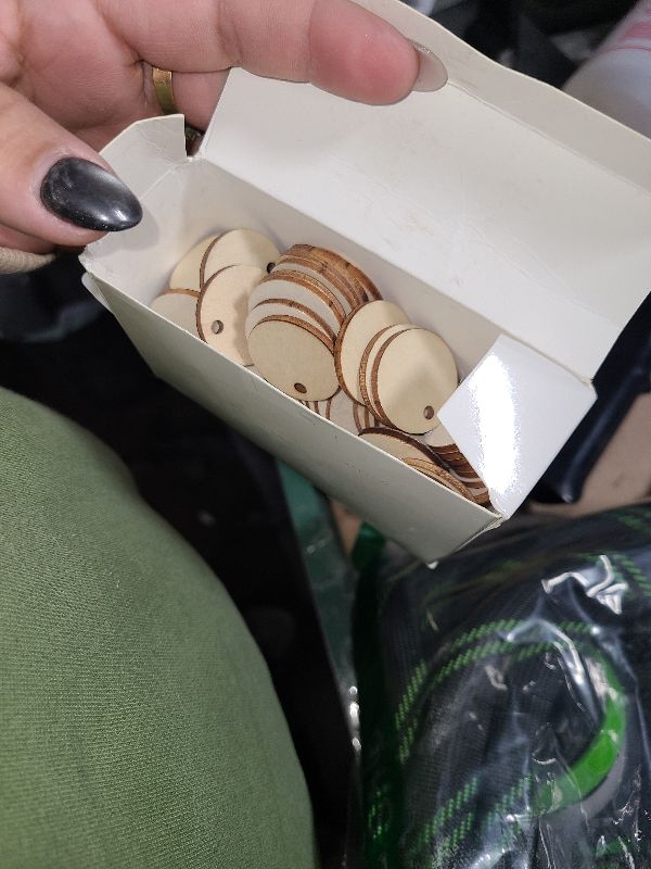 Photo 1 of 100 Pieces Unfinished Round Wooden Circles with Holes Round Wood Discs for Crafts Blank Natural Wood Circle Cutouts for DIY Crafts Party Birthday Christmas Decoration (1 Inch)