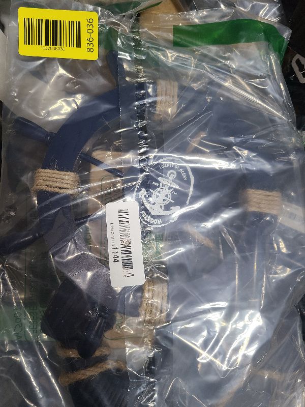 Photo 1 of 2 Pack 11" Nautical Beach Wooden Ship Wheel and 13" Wooden Anchor with Rope Nautical Boat Steering Wheel Rudder Anchor Wall Art Decor Door Hanging Ornament Beach Theme Home Decoration(Blue)