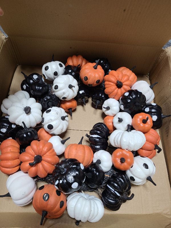 Photo 1 of 18 Inch Halloween Fall Wreath for Front Door, Black Orange White Artificial Pumpkin Wreath for Fall and Halloween Indoor Outdoor Home Party Decor