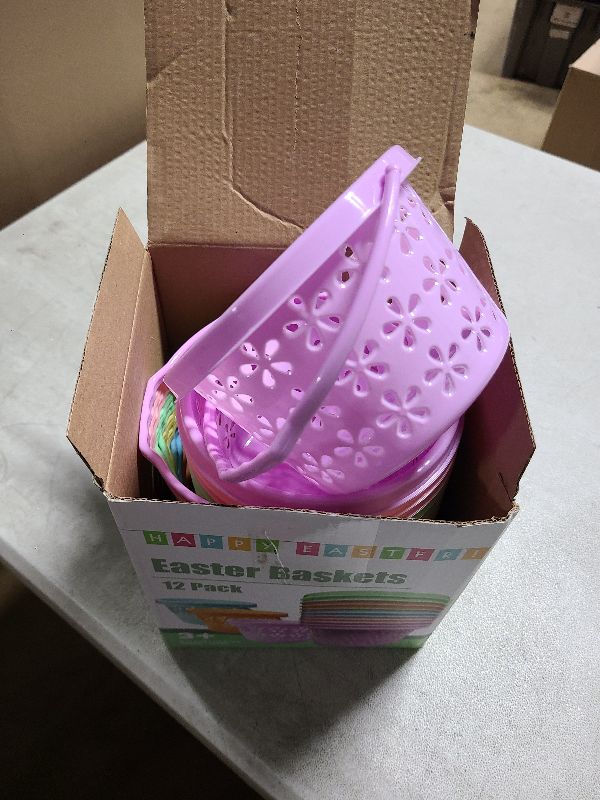 Photo 1 of 12 Pack Easter Baskets for Kids, 8.6" Plastic Easter Bags with Handles, Easter Bucket Bags Filled with Grass for Easter Egg Hunt, Perfect Theme Party Favors