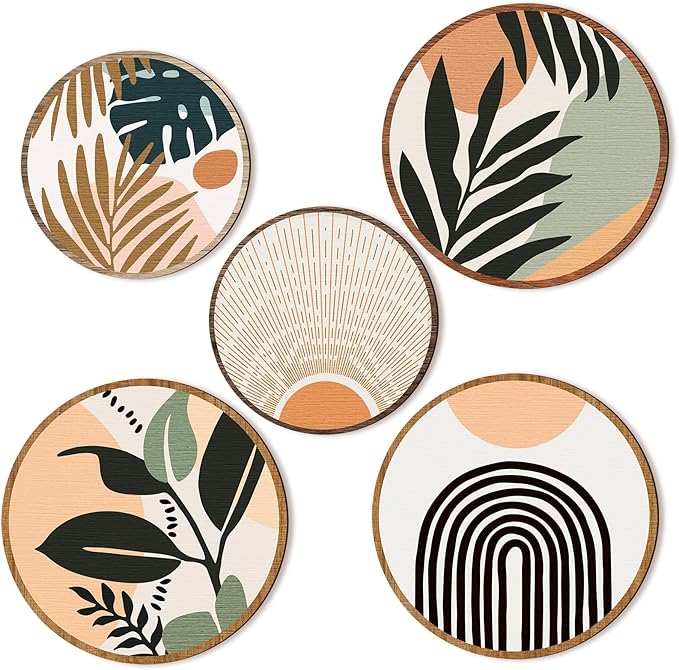 Photo 1 of **MSRP 16.14**5 Pcs Wall Art Decor Wooden Living Room Wall Decor Bohemian Hanging Farmhouse Geometric 10'' and 8'' Aesthetic Wood Minimalist Posters for Bedroom(Boho, Leaf)