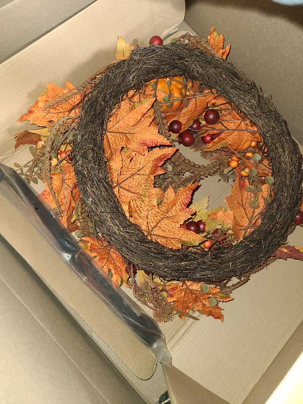 Photo 1 of 24 Inch Thanksgiving Fall Wreath, Autumn Wreath for Front Door with Maple Leaves, Oak Leaves, Pumpkins Berries, for Home Outside/Indoor Wall Window Festival Decor Halloween Wreaths