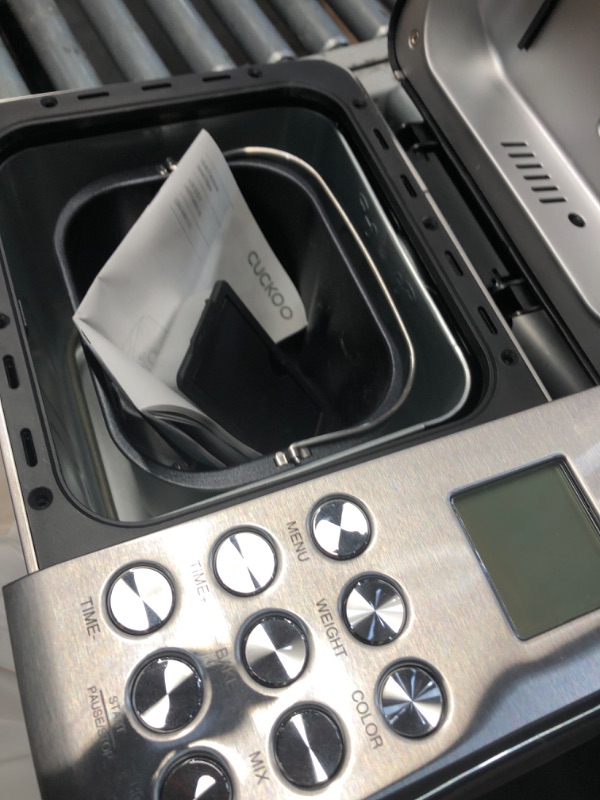 Photo 1 of **HAS LOOSE HARDWARE THAT NEED SCREWED BACK IN**
CUCKOO Bread Maker Machine with 15 Menu Options + 3 Crust Colors, 2 lbs Bread Machine with Automatic Fruit & Nut Dispenser, Includes 6 Accessories, Ideal Breadmaker for Sourdough (CBM-AAB101S)