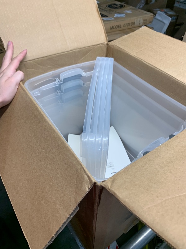 Photo 1 of (one bin damaged at handle) HOMZ 2-Pack Latching Lid, Clear Plastic Storage Organizer Bins, 112 Quart, Blue Latch - Stackable Organizing Containers for Home, Garage, and Office