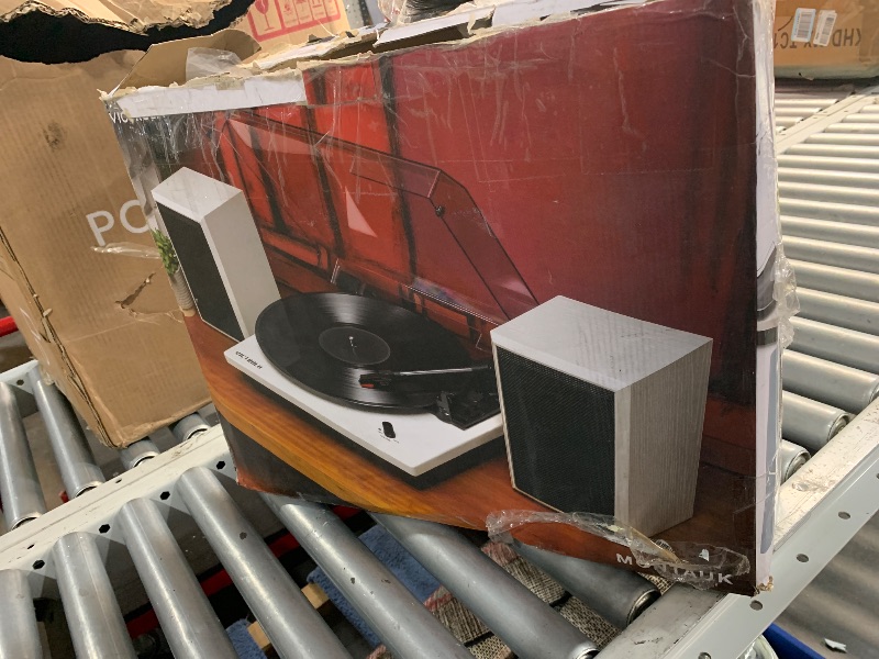 Photo 1 of ***(PARTS ONLY/ MAJOR DAMAGE/ NON FUNCTIONAL)***
Victrola Montauk Vinyl Record Player, White Wood Finish, 3-Speed Belt Driven Turntable with Stereo Bluetooth Speaker Pair, RCA Output and 3.5mm Headphone Jack, Removable Dust Cover