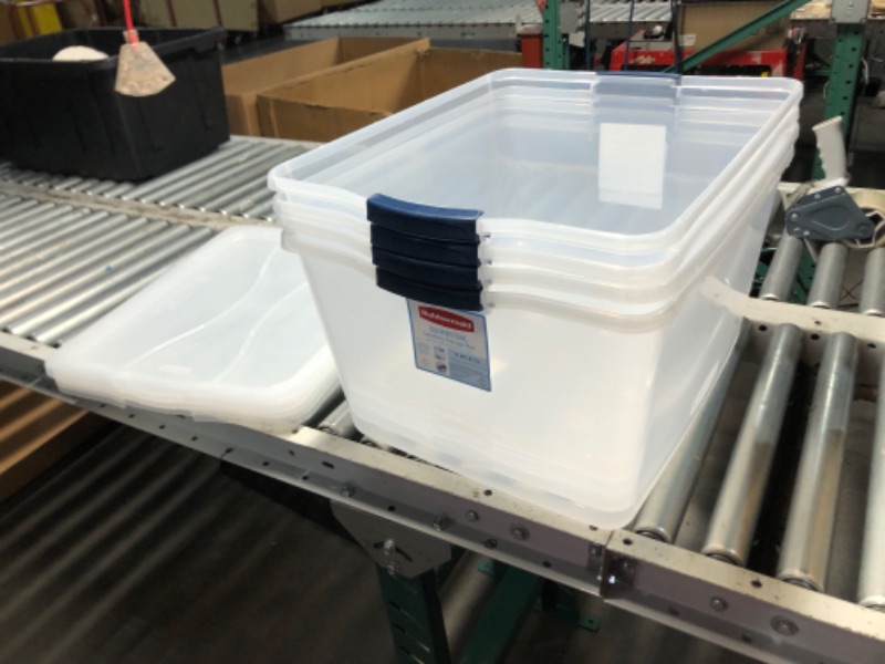 Photo 1 of ***DAMAGED - 1 LID BROKEN - SEE PICTURES***
Rubbermaid Cleverstore 74 Qt Clear Storage Bins with Lids, 4-Pack, Stackable, BPA-Free, Made in USA