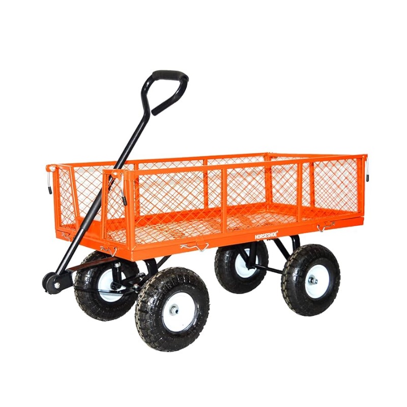 Photo 1 of ***DAMAGED - SEE NOTES/PICTURES*** PARTS ONLY*** HORSESHOE Heavy Duty Max. Load 880LBS Capacity Steel Mesh Garden Cart, Utility Wagon w/Removable Sides & Waterproof Liner, Installed 4.10/3.50-4" Flat Free Tire on Wheels (Orange)
