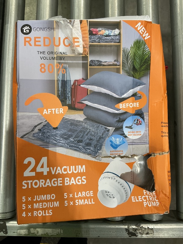 Photo 1 of *Missing Parts*
24 Pack Vacuum Storage Bags with Electric Pump, (5 Jumbo, 5 Large, 5 Medium, 5 Small, 4 Roll Up Bags) Space Saver Bag for Clothes, Mattress, Blanket, Duvets, Pillows, Comforters,Travel