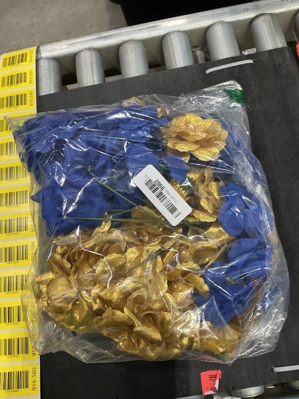 Photo 1 of 108pcs Roses Head Flowers with Stem - Blue & Gold Artificial Flowers Rose Bulk - Silk Royal Blue Gold Rose Fake Flower for Wedding Bouquet Home Baby Shower DIY Centerpieces Tables Grad Party Decor