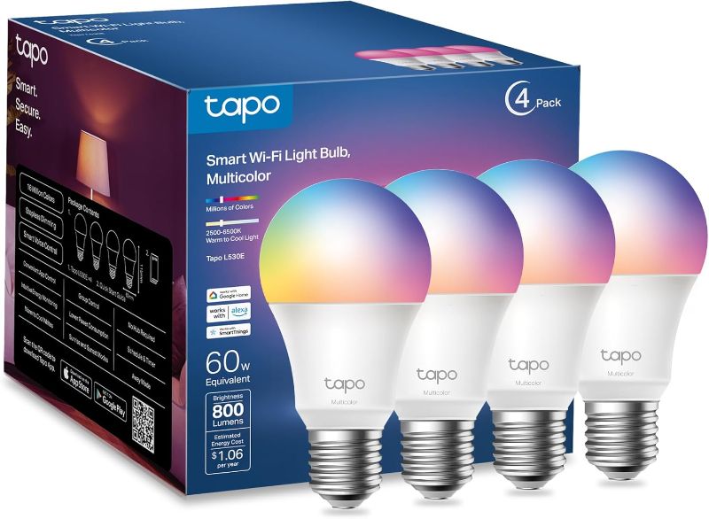 Photo 1 of 
Click to see full view


3 BOXES
Tapo TP-Link Smart Light Bulbs, 16M Colors RGBW, Dimmable, Compatible with Alexa and Google Home, A19, 60W Equivalent, 800LM CRI>90, 2.4GHz WiFi only, No Hub Required, L530E(4-Pack)