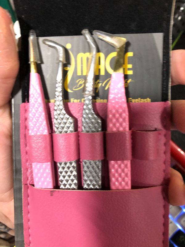 Photo 1 of ***MISSING ONE***SEE PICS***4 Pcs Fiber-Tip Japanese Steel Lash Tweezer Set with Leather Case, Professional Eyelash Tweezers for Lash Extensions – Titanium Coated, 90 & 45 Angled, Precision Pointed Tweezers (PINK)