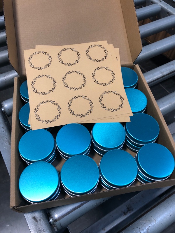 Photo 1 of 1 oz / 30ml Screw Top Aluminum Tin Jar with Screw Lid and Blank Labels (Lake Blue - Pack of 32)