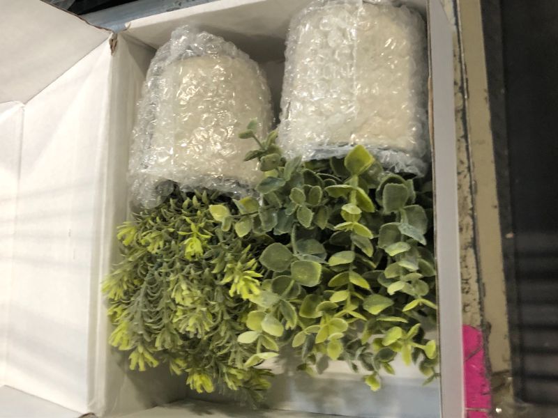 Photo 1 of ****MISSING ONE PLANT***Der Rose 3 Pack Mini Potted Fake Plants Artificial Plastic Eucalyptus Plants Topiaries for Home Office Desk Farmhouse Room Bathroom Decor