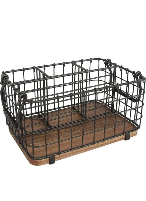 Photo 1 of ** SIMILAR IMAGE UNKNOWN SIZE OR MODEL***Gray Metal Utensil Caddy with Rustic Wood Base – 3-Compartment Flatware Organizer for Kitchen, Countertops, Dining Table, or Events – Industrial Farmhouse Cutlery Holder with Handles