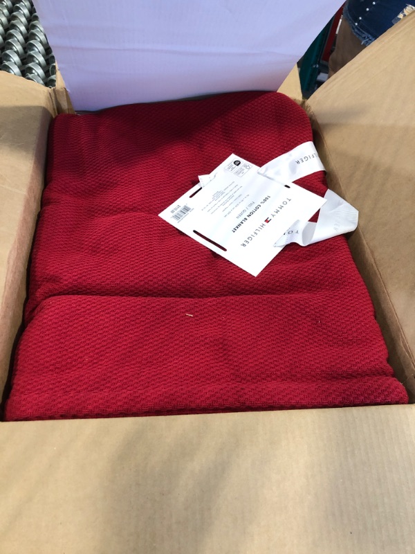 Photo 1 of **DAMAGED**Tommy Hilfiger - Queen Cotton Blanket, Textured Pique Weave Bedding, Medium Weight Soft Blanket, Anti-Pilling & Fade Resistant, Ideal for Layering, Oeko-TEX Certified (Red)