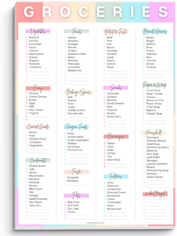 Photo 1 of (2 PACK)Grocery List Notepad - Prepopulated Shopping Checklist with Blank Spaces | 50 Sheets of Premium 120gsm Paper | Time & Money Saver for Easy Groceries Shopping | A5 Rainbow