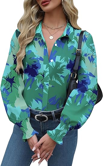 Photo 1 of **SIMILAR*** LOOK AT LIVE PHOTO FOR REFERENCE***Womens Button Down Shirts Smocked Cuffed Blouses Printed Lantern Shirt Long Sleeve Tops Casual Collar, XXL