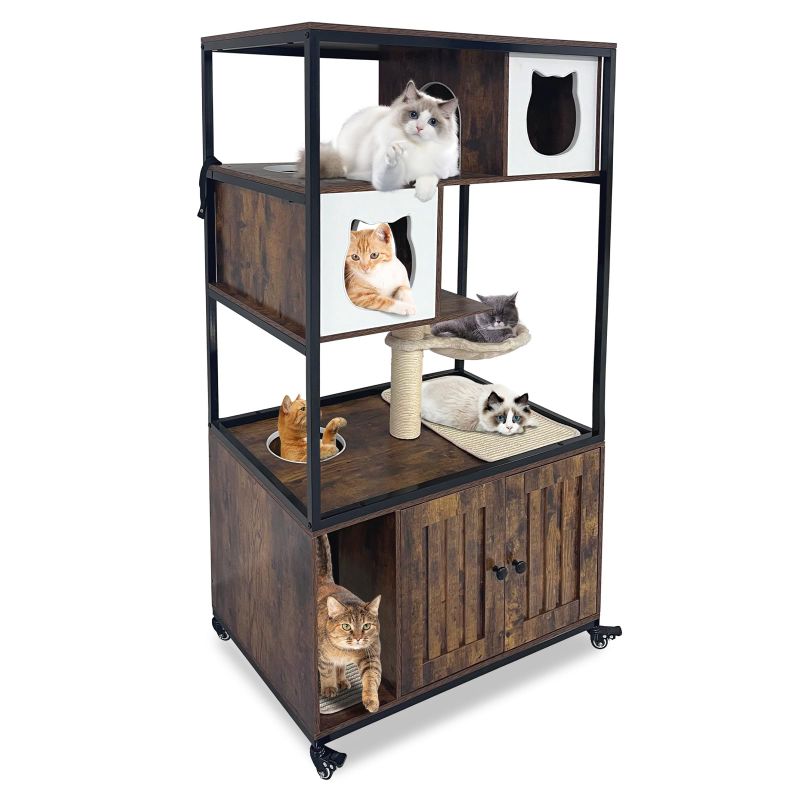Photo 1 of **no return**no return**no return**no return**no return**
1) GARVEEHOME CAT TREE WITH LITTER BOX ENCLOSURE 57.5''H WOODEN CAT TOWER CABINET WITH WHEELS DOG PROOF CORNER HIDDEN LITTER BOX WITH CONDO, HAMMOCK AND SCRATCHING POST RETRO BROWN**missing parts**