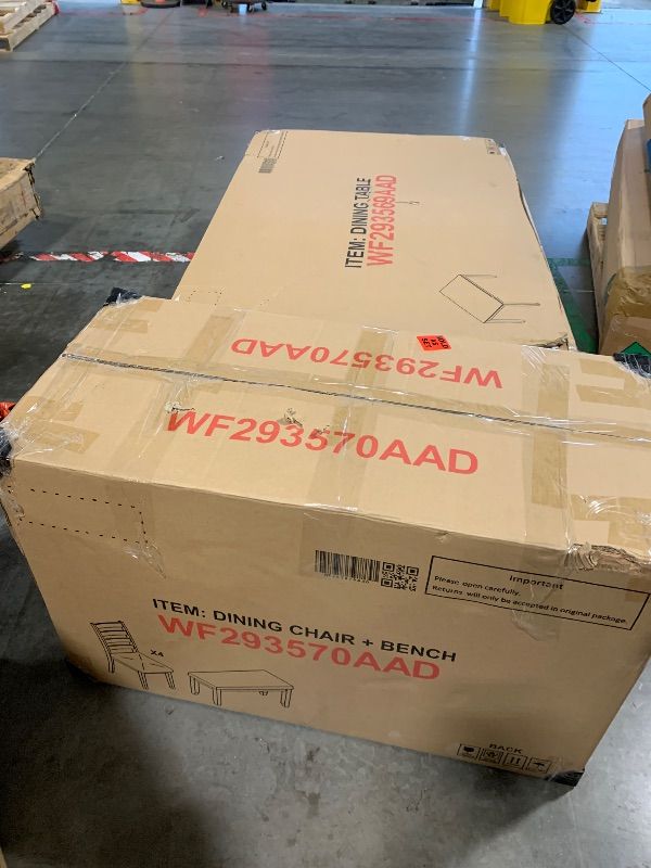 Photo 1 of ** NEW** KELRIA Retro Rustic Style 6-Piece Dining Set, Including 4 Upholstered Chairs, 1 Table and a Bench, for Playroom, Living Room, Home Bar, and Kitchen, Whitewash, Brown + White