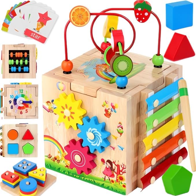 Photo 1 of ******************Missing pieces. Cards torn up.****************
Batlofty Wooden Activity Cube, 8-in-1 Montessori Toys for 1 2 Year Old Girl Boy Toddler| Sensory Educational Learning Toys 12-18 Months | 1st Birthday Gifts, Bead Maze | Bonus Sorting & Stac
