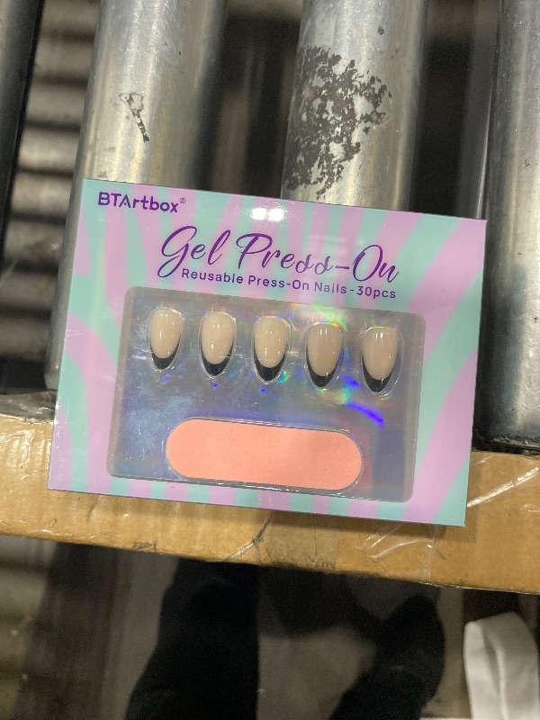 Photo 1 of BTArtbox French Tip Press On Nails Almond - Black Press on Nails Short, Glue On Nails for Women Gift, Supremely Fit Natural Reusable Stick On Nails in 16 Sizes - 32 Fake Nails Kit, Black French