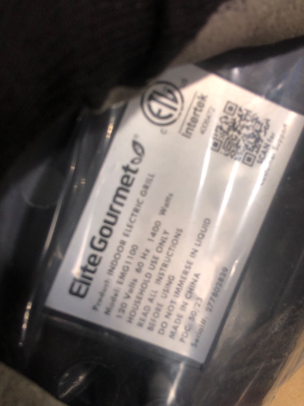Photo 1 of **MISSING POWER CORD** Elite Gourmet EMG1100 11" Electric Indoor Nonstick Grill Dishwasher Safe, Cool Touch, Fast Heat Up Ideal Low-Fat Meals, Includes Tempered Glass Lid, Black