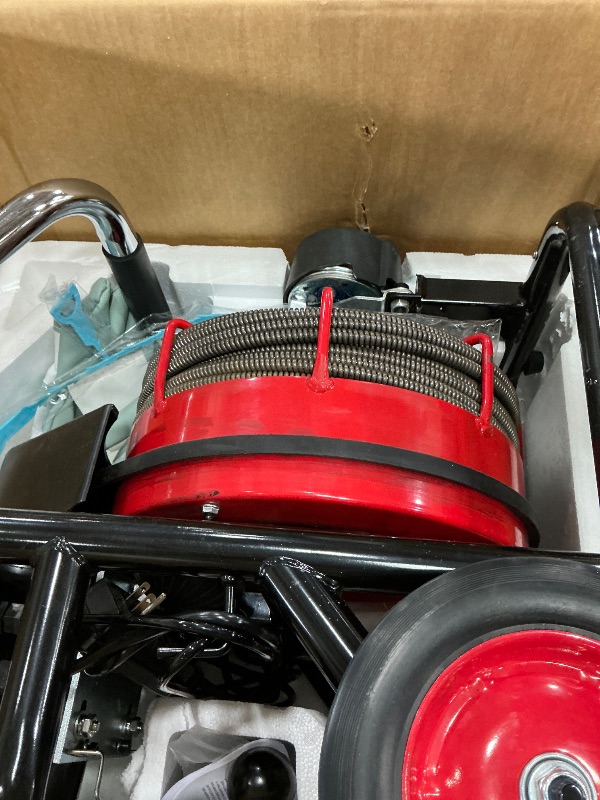 Photo 1 of *** PARTS ONLY *** VEVOR Drain Cleaner Machine 100FT x 3/8 Inch, Auto Feed Sewer Snake Auger on Wheels, 370W Portable Drain Cleaning Machine with 8 Cutters & Air-activated Foot Switch for 2" to 4" Pipes