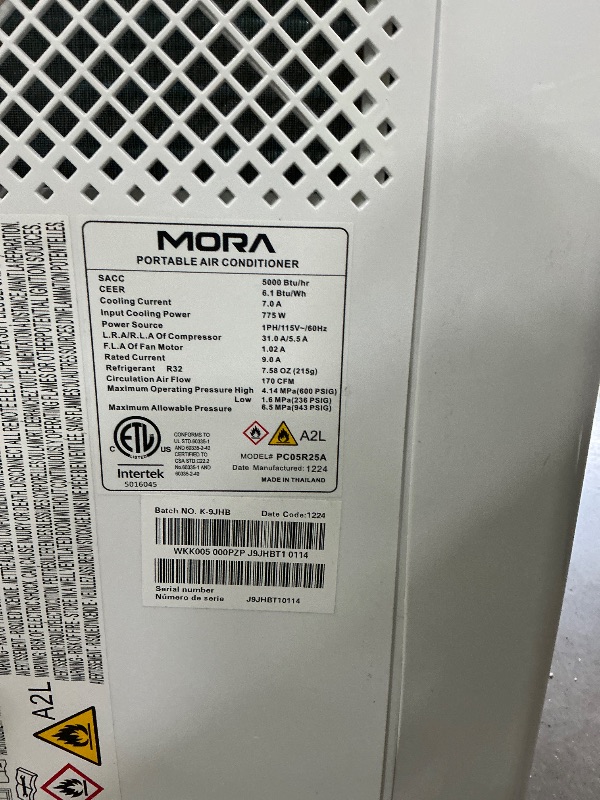 Photo 1 of **ITEM IS DAMAGED ON THE SIDE**
PARTS ONLY****

Mora PC05R25A Portable Air Conditioner, 5,000 BTU, White