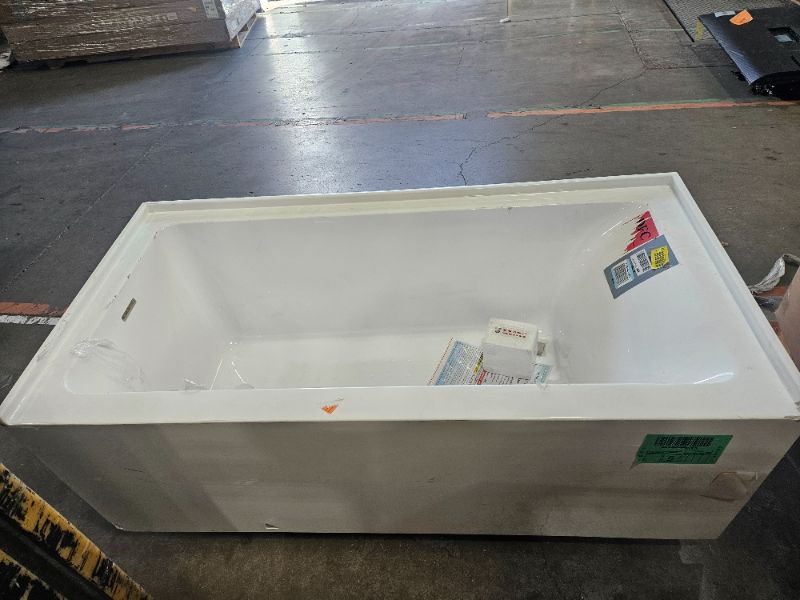 Photo 1 of ** has a crack on its side and in a corner see pics ** WOODBRIDGE 60" Acrylic Rectangular Alcove Soaking Bathtub in White with Left Drain, Brushed Nickel pop-up Drain Included, LB428-L
