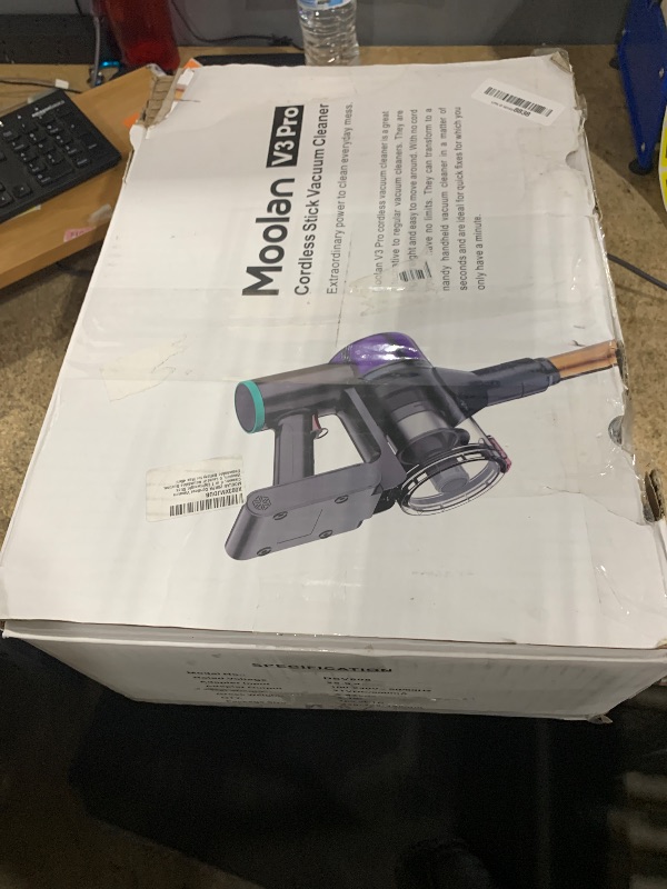 Photo 1 of (missing battery) MOOLAN 28KPA Cordless Vacuum Cleaner, 6 in 1 Lightweight Stick Vacuum, 6 Level of Adjustable Suction, Detachable Battery for Max 45mins Runtime, Handheld Vacuum for Pet Hair/Carpet/Floor