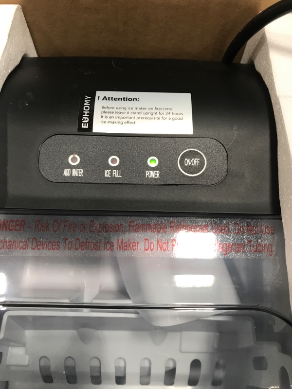 Photo 1 of ***(HEAVILY USED/ MINOR DAMAGE/ UNABLE TO TEST FULLY)***EUHOMY Countertop Ice Maker Machine with Handle, 26lbs in 24Hrs, 9 Ice Cubes Ready in 6 Mins, Auto-Cleaning Portable Ice Maker with Basket and Scoop, for Home/Kitchen/Camping/RV. (Black)