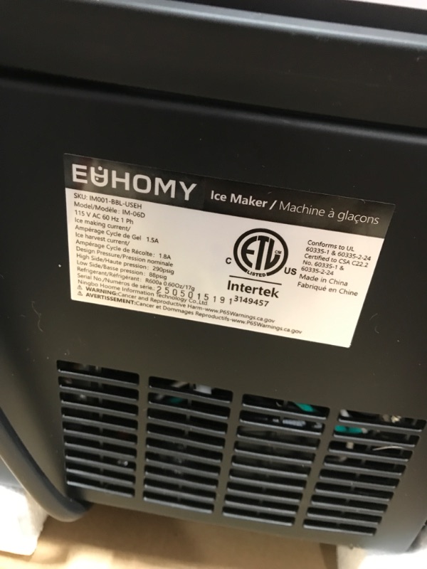 Photo 1 of ***(HEAVILY USED/ MINOR DAMAGE/ UNABLE TO TEST FULLY)***EUHOMY Countertop Ice Maker Machine with Handle, 26lbs in 24Hrs, 9 Ice Cubes Ready in 6 Mins, Auto-Cleaning Portable Ice Maker with Basket and Scoop, for Home/Kitchen/Camping/RV. (Black)