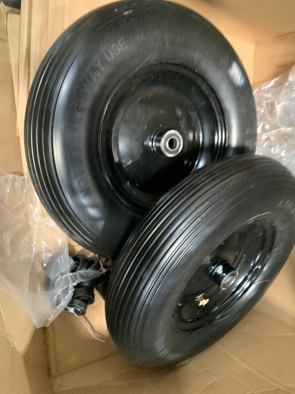 Photo 1 of (2-PACK) 4.80/4.00-8" Tire and Wheel - Universal Fit 16" Flat Free Solid Wheelbarrow Tires with 3" Hub and 5/8" Bearings – Extra Adapter kit includes 3/4" Ball Bearings, 1" and 1/2" Nylon Spacers