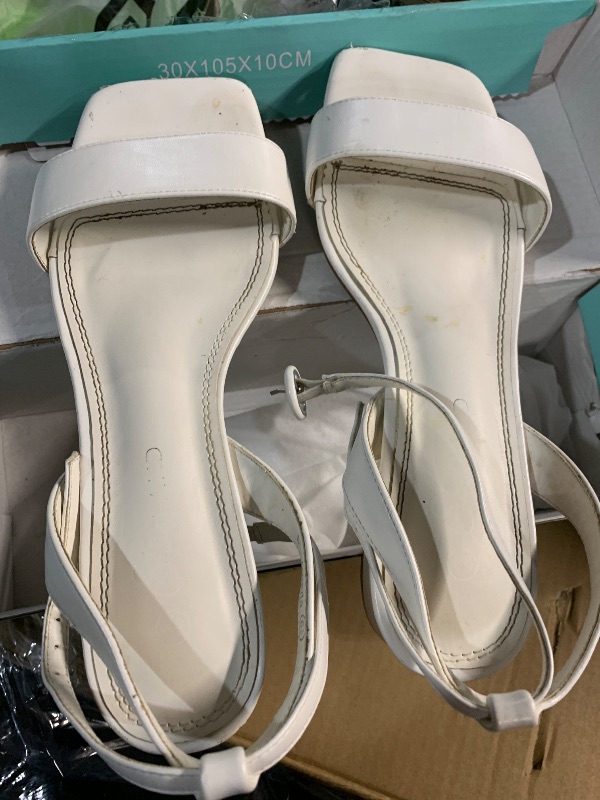 Photo 1 of ***(HEAVILY USED/ MINOR DAMAGE)***Ankis Women White Heels-Sandals for Women 2025 Strappy Square Open Toe Low 1 Inch Chunky Block Slip on Heeled Sandal Mule 8