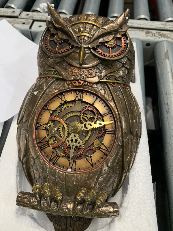 Photo 1 of (sold for parts)(repair) Veronese Design 12.5" Tall Steampunk Owl Pendulum Wall Clock Cold Cast Resin Antique Bronze Finish Wall Sculpture