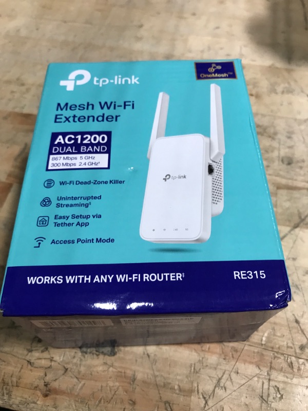 Photo 1 of (USED/FAIR) TP-Link AC1200 WiFi Extender, 2025 Wirecutter Best WiFi Extender, 1.2Gbps Home Signal Booster, Dual Band 5GHz/2.4GHz, Up to 1600 Sq.ft and 32 Devices, EasyMesh Compatible, One Ethernet Port (RE315)
